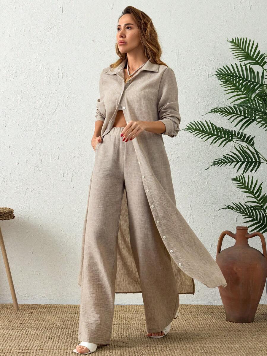 Cloudara Women's Linen Blend Long Sleeve Collared Button-Down Maxi Shirt Jacket And High Waist Wide Leg Pants Two Pieces Set, Chic Casual Minimalist Style Matching Outfit For Office And Daily Wear - Beige - View 1