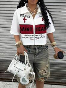 Rovax Women's Collared Zipper Cross Logo Print Casual Versatile Daily Commute Short Sleeve Top - White - View 3