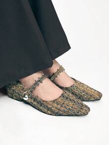 Mnmlis Giày Mary Jane bằng len đơn giản, thời trang, gót thấp, mũi nhọn, kiểu Pháp, dành cho nữ. - Xám nâu - Xem 9