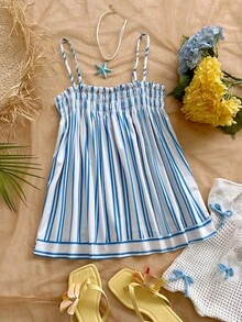 Soleia Women's Summer Vacation Beach Striped Ruffle Strap - Blue and White - View 4