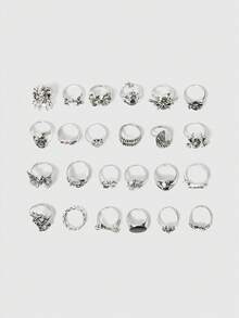 ROMWE Grunge Punk 24 件/套朋克哥特式戒指套装银色骷髅蜘蛛扑克小丑眼睛心形戒指男士时尚嘻哈珠宝礼物 - 24件套裝 - 查看 4