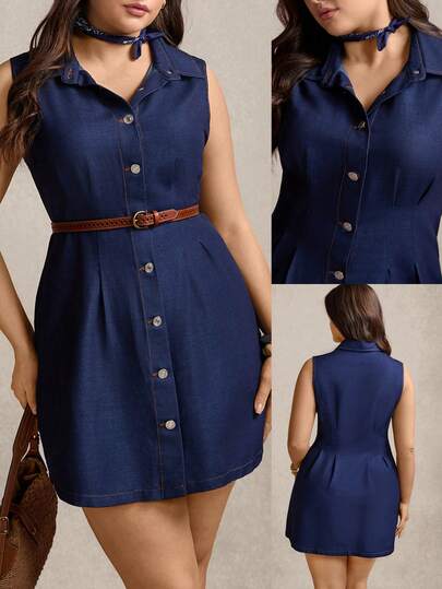 Zelara 大码女式纯色单排扣无袖休闲日常连衣裙