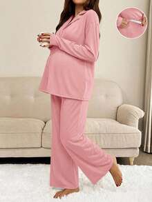Slowluna 2pcs Maternity Solid Color Drop Shoulder Long Sleeve Casual Comfortable Breathable Set - Baby Pink - View 7