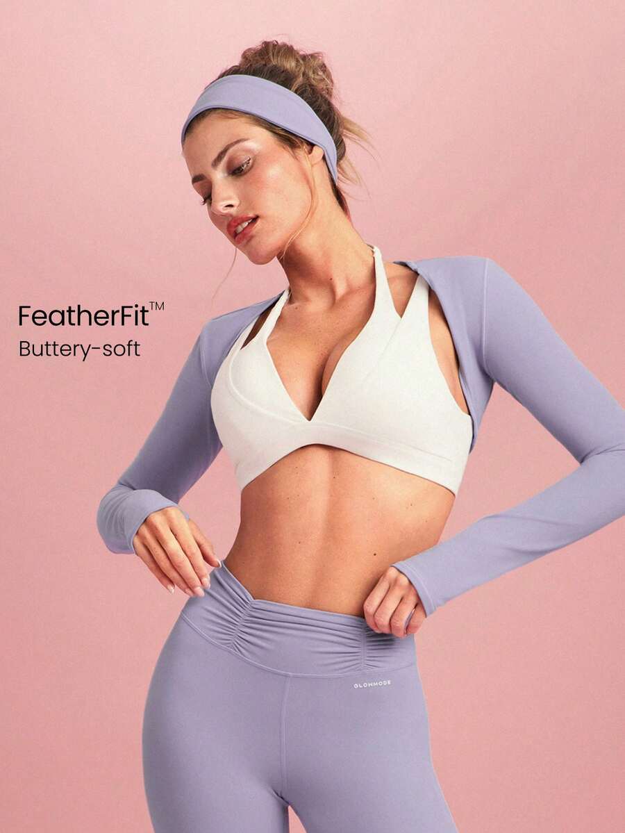 GLOWMODE FeatherFit™ Cropped Limitless Long Sleeve Tank Shrug Top With Thumbhole Low Impact Yoga Pilates Daily Summer - Purple - View 1