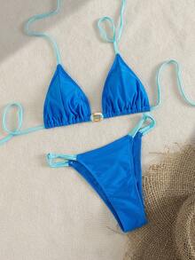 Swim Mod Bộ bikini 2 mảnh cho kỳ nghỉ hè, gồm áo crop top phối màu trơn với viền hình bầu dục nhuộm tie-dye và quần bơi buộc dây bên hông, có dây buộc. - Màu xanh lam - Xem 5