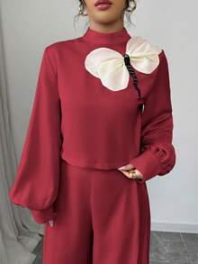 Modelyn Women's Spring/Summer Woven Long Sleeve Mushroom Button Embroidered Casual Commuter Top And Straight Leg Pants 2 Pieces Set - Red - View 4