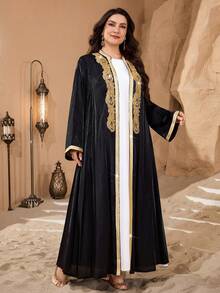 SHEIN Najma Abaya elegante de manga larga para mujer de talla grande, con bordados, lentejuelas y patchwork, estilo del Medio Oriente - Negro - Ver 5