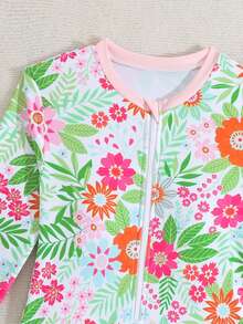 SHEIN 新款时尚少女印花长袖连体泳衣 - 淺粉色 - 查看 4