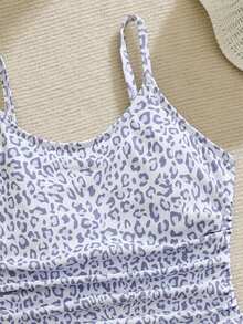 SHEIN Tween-Mädchen Badeanzug mit Leoparden-Muster und Raffung, ärmelloser Sommer Lässig Bademode - Mauve - Übersicht 3