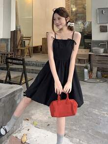 FRIFUL Women's Spaghetti Strap Dress With Bow Decor And Peplum Hem Sundress Summer - Black - View 4