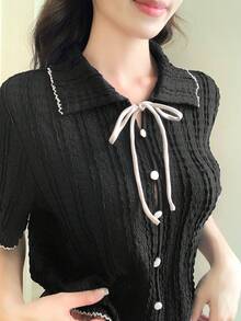 FRIFUL Women's Polo Collar Open Front Bow Tie Decor Loose Short Cute T-Shirt - Black - View 2