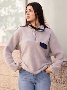 Andrea Bello Women's Casual Collared Half-Zip Sweatshirt, Autumn - Grey - View 6