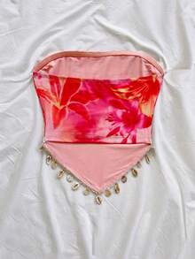 Soleia 女士度假针织波西米亚印花拼接串珠抹胸上衣，适合派对、圣诞节、约会、夜店、海滩、邮轮、下午茶等场合 - 粉色 - 查看 2