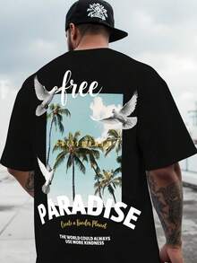 Manfinity RSRT 男士休闲度假椰树及标语印花宽松短袖黑色T恤，夏季 - 黑色 - 查看 3