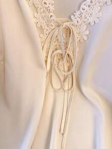 GlowEve CURVE Plus Size Women's White Elegant Autumn Party Embroidered Ruffle V-Neck Bow Tie,Lace Trim Cuff Long Sleeve Blouse,Suitable For Commuting Cream Blouses - Apricot - View 6