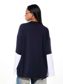 SUMWON WOMEN Rhinestone Script Oversized Long Sleeve Layered T-Shirt With Plain Contrast White Sleeves And Crew Neck For Casual Streetwear - Navy Blue - View 5