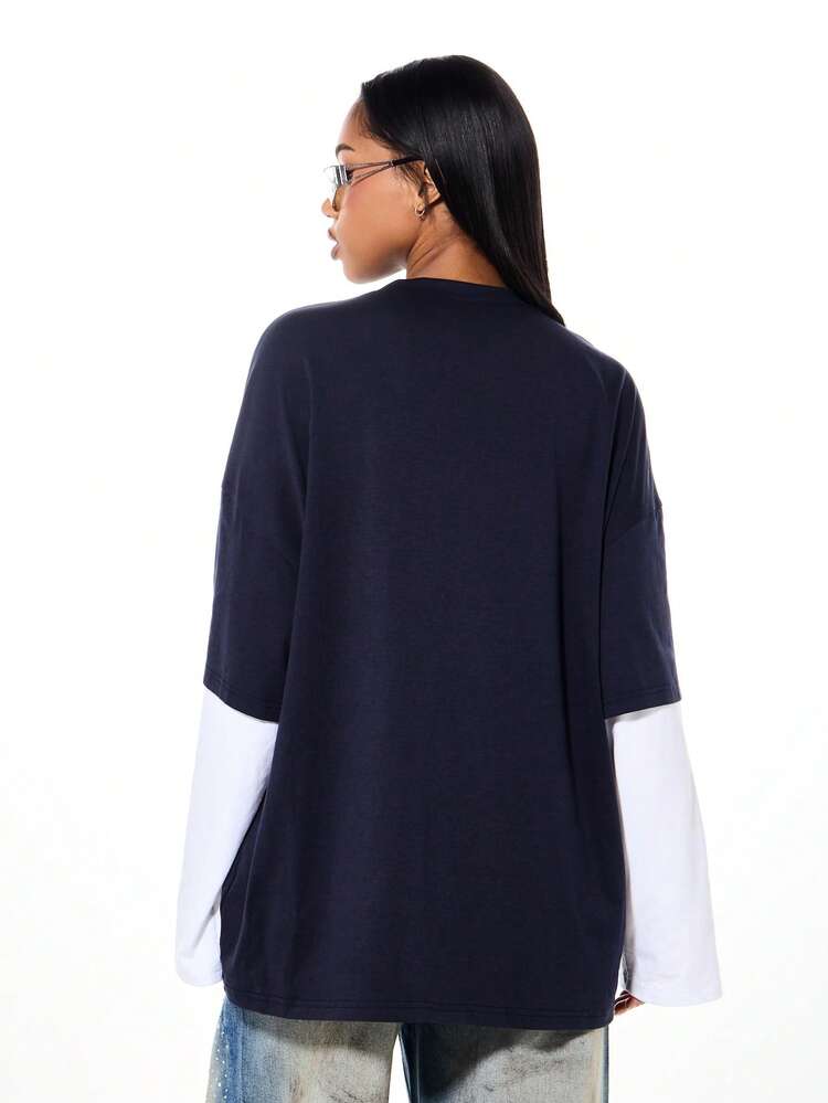 SUMWON WOMEN Rhinestone Script Oversized Layered T-Shirt With Contrast Sleeves