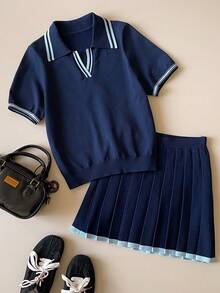 Muvela Spring/Summer New Contrast Trim Polo Collar Fitted Knit Top, Adjustable Elastic Waist Pleated Skirt, Versatile Y2K Office/Social Occasion Outfit - Navy Blue - View 5