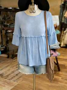 LanaWest Áo sơ mi nữ dáng chữ A cổ tròn tay ngắn viền bèo, chất liệu vải nhăn, màu xanh dương, phong cách phương Tây, mùa xuân/hè. - Màu xanh lam - Xem 3