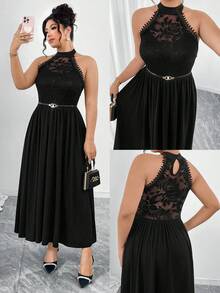 Elenzga Robe mi-longue décontractée à encolure en V, empiècement en dentelle, taille élastique, sans manches, volants à la taille, ourlet évasé. Convient pour la Saint-Valentin, les vacances, les fêtes - Noir - Voir 3