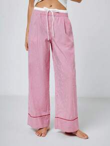 Maija 女士撞色腰带口袋阔腿休闲裤 - 紅白色 - 查看 1