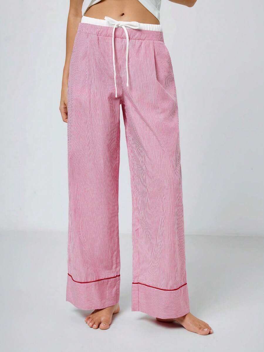 Maija 女士撞色腰带口袋阔腿休闲裤 - 紅白色 - 查看 1