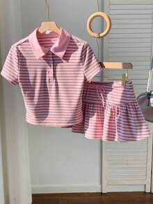 Comfortcana 女士休闲条纹短袖T恤和迷你裙两件套，夏季 - 粉色 - 查看 9