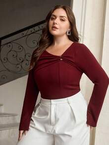 ZEYLAH Asymmetric Neckline Metal Decor Flare Sleeve T-Shirt - Burgundy - View 5