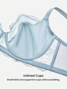LUVLETTE Woman Blue Lingerie Full Coverage Support&Breathable Underwire Sexy Unlined Sheer Minimizer Lace Bra - Blue - View 9