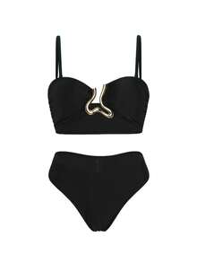 Swim Oasis Conjunto de biquíni feminino de 3 peças, estilo retrô moderno, cor sólida azul com detalhes metálicos, top tomara que caia com alças ajustáveis e saia longa franzida de cintura alta. Ideal para natação, praia e momentos de lazer. - Preto - Ver 3