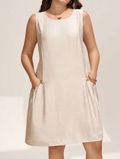 Comfylo Plus Size Sleeveless Solid Color Casual Dress, Summer Cream Casual Dress Beige Dress For Women Plus Size Dress With Pockets Curve Dress With Pockets Sleeveless Casual Dress