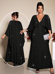 Allurite Plus Size Women's Elegant V-Neck Shawl Collar Velvet Mermaid Formal Dress - Black - View 1