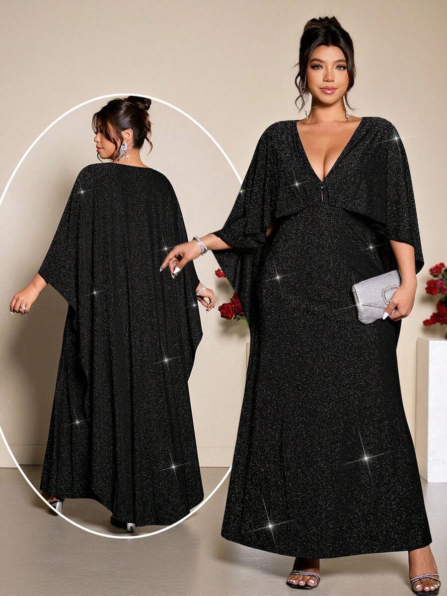 Allurite Plus Size Women's Elegant V-Neck Shawl Collar Velvet Mermaid Formal Dress - Black - View 1