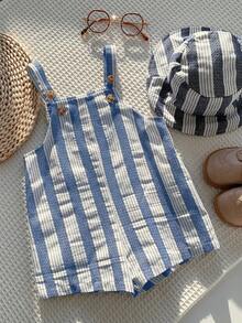 SHEIN Bộ đồ 2 món cho bé sơ sinh unisex: áo liền quần kẻ sọc màu xanh navy kèm quần yếm và mũ chống nắng, thích hợp cho kỳ nghỉ, hoạt động ngoài trời, mặc hàng ngày, quần áo mùa xuân/hè cho bé trai. - Nhiều màu - Xem 6