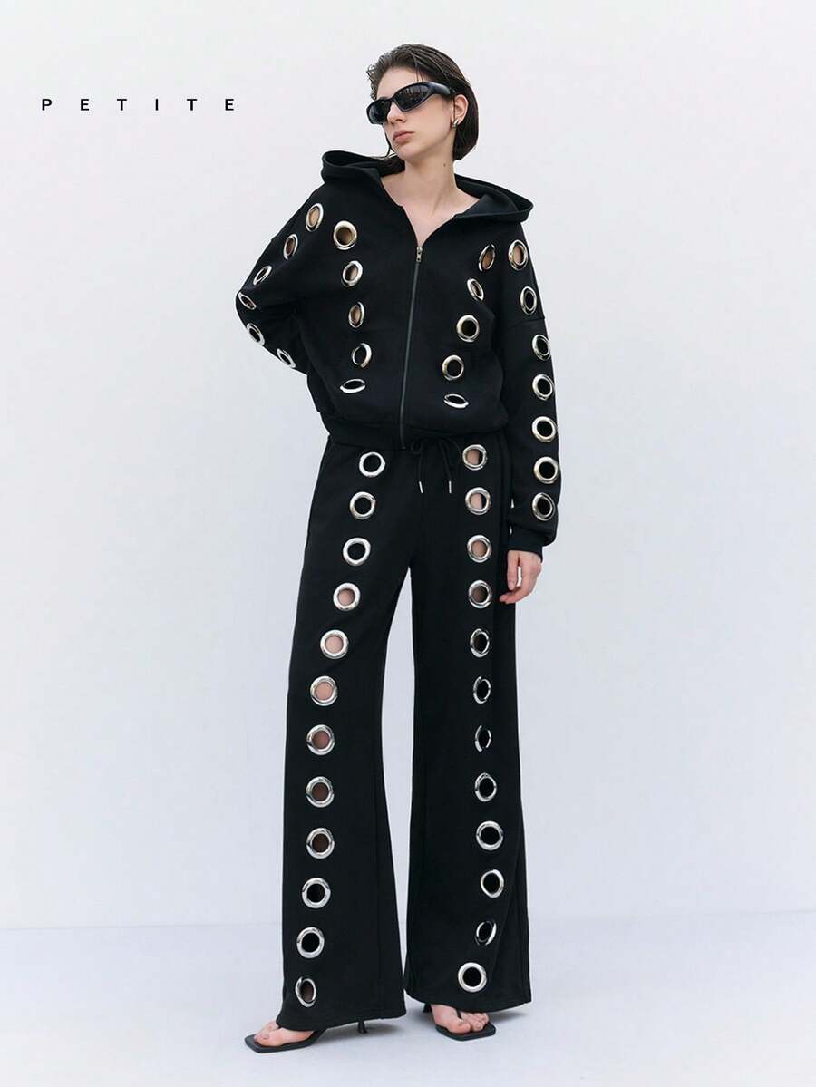 PETITE 2026 New Arrive Minimalism Spring/Summer Women's Black Y2K Casual Metal Eyelet Drawstring Waist Wide Leg Sweatpants Summer Spring Break Outfits Carnival Costumes Partywear For Going Out Outfits - Black - View 1