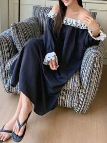 Dazy Plus Plus Size Color Block Polka Dot Off-Shoulder Loose Casual Flare Sleeve Long Nightgown, Spring/Summer Home Dress Pajamas - Royal Blue - View 1