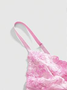 ROMWE Kawaii 花卉刺绣蕾丝无钢圈性感内衣套装 - 粉色 - 查看 3