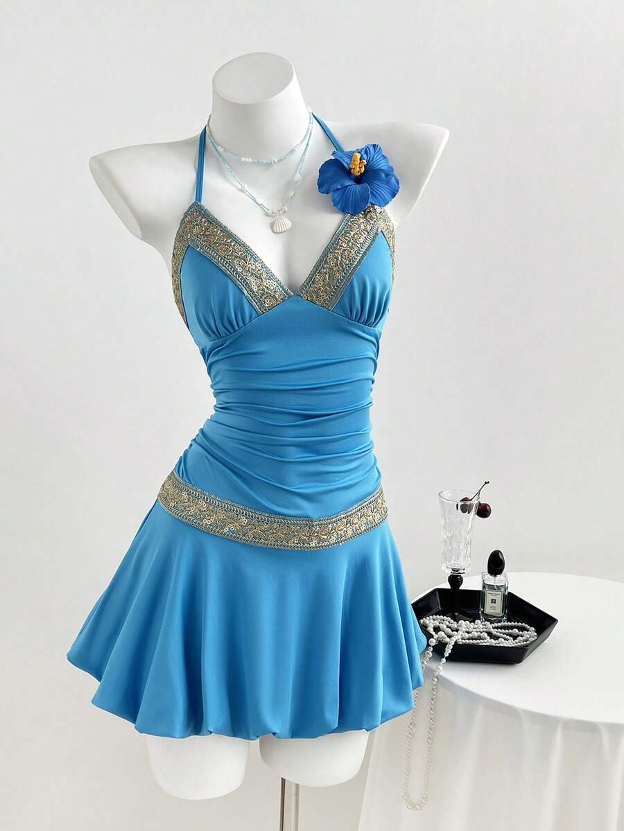 Elamini Sequin V-Neck Knit Waist Flare A-Line Backless Mini Dress For Women, Spring/Summer - Blue - View 1