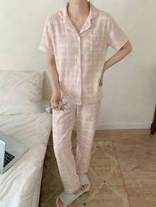 2件套女童休闲格子开衫短袖上衣和裤子睡衣套装 - 淺粉色 - 查看 4