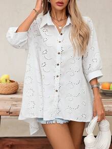 SHEIN VCAY Women Plain Button-Front Long Sleeve Casual Blouse - White - View 6