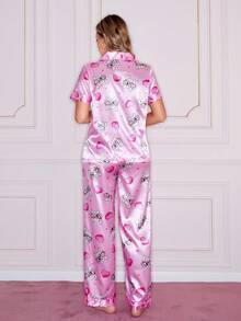 Cute Cat Animal Print Pajamas, Lovely Heart Design Satin Lapel Sleepwear Set For Women - Multicolor - View 2
