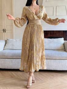DAZY V-Neck Jacquard Long Sleeve Dress, Waist Cinching Slimming Long Sleeve Pleated Dress Wedding Guest Dress Sundress - Khaki - View 5
