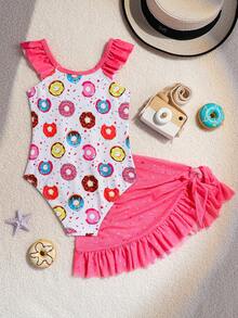 SHEIN Mädchen Sommer Strandurlaub Donut Muster Kontrast Farbe Rüschen Einteiler Badeanzug und Wickel Taille Rock Set Sommer Tops Kleider Strandmode Kleid Resort Tragen Bunte Zweiteiler Set Mädchen Donut Bademode Bademode Sommer Outfits für Mädchen Kleinkind Mädchen Sommer Kleidung Kleinkind Bademode Strandkleid für Badeanzüge für Strandmode zum Schwimmen Kostüme für Mädchen Sommer Mädchen Strandoutfits - Rot - Übersicht 2