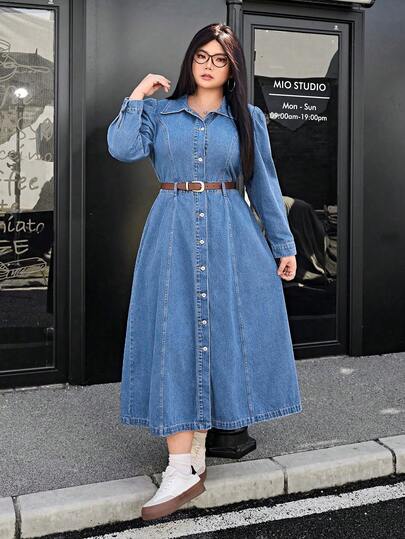 SHEIN ICON Plus Size Solid Color Casual Long Sleeve Denim Dress