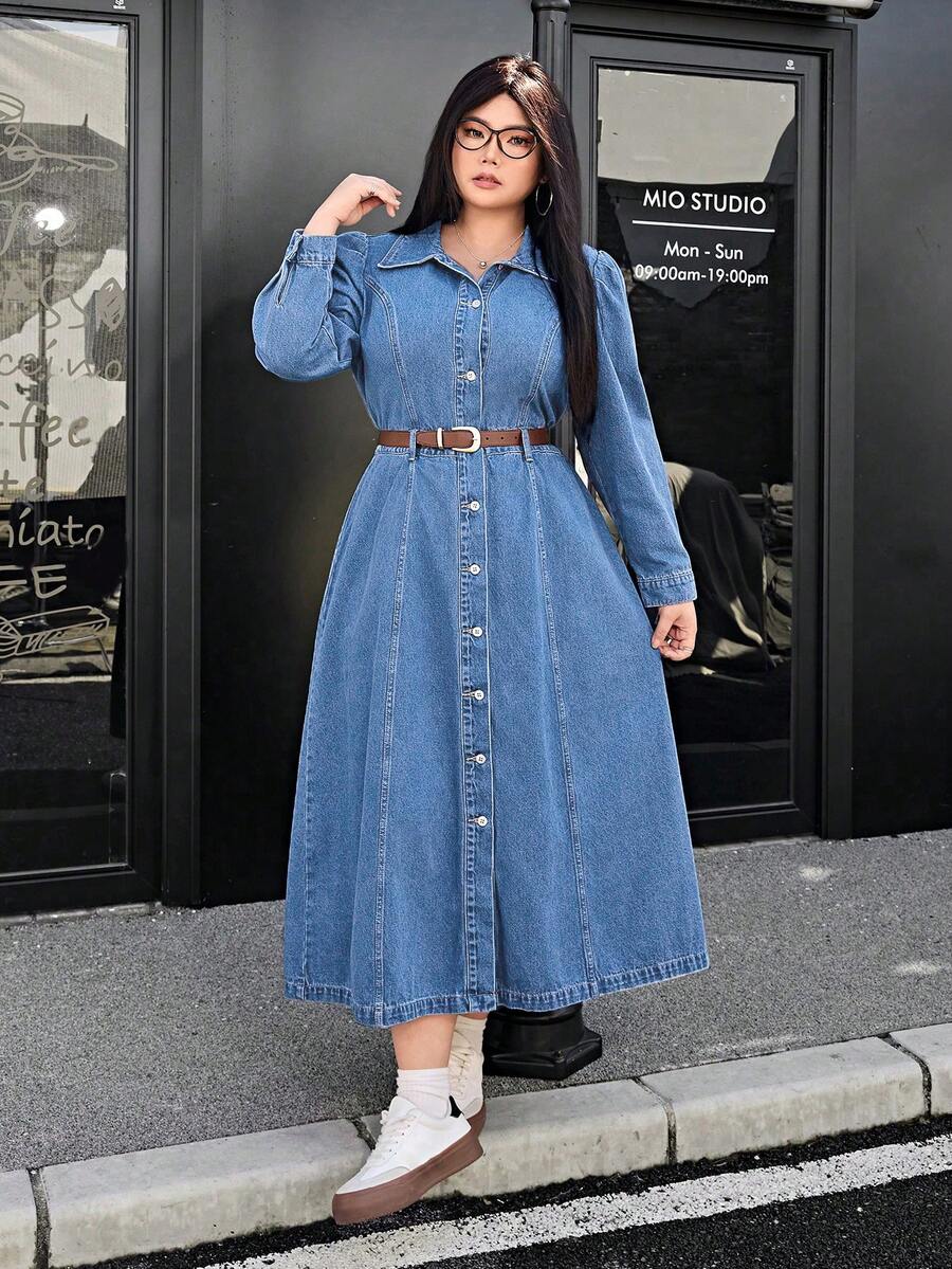 SHEIN ICON Đầm denim dài tay màu trơn cỡ lớn, kiểu dáng thường ngày. - Rửa nhẹ - Xem 1