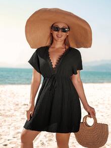 Swim Lushoire Women's Summer Beach V-Neck Bohemian Lace Trim Batwing Sleeve Solid Textured Elastic Waist Tie Elegant Casual Vacation Coverup Dress - Black - View 3