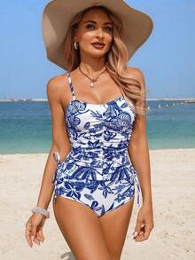 Swim Lushoire 2pcs/Set Floral Print Pleated Front Crop Top & Bikini Bottom - Multicolor - View 1