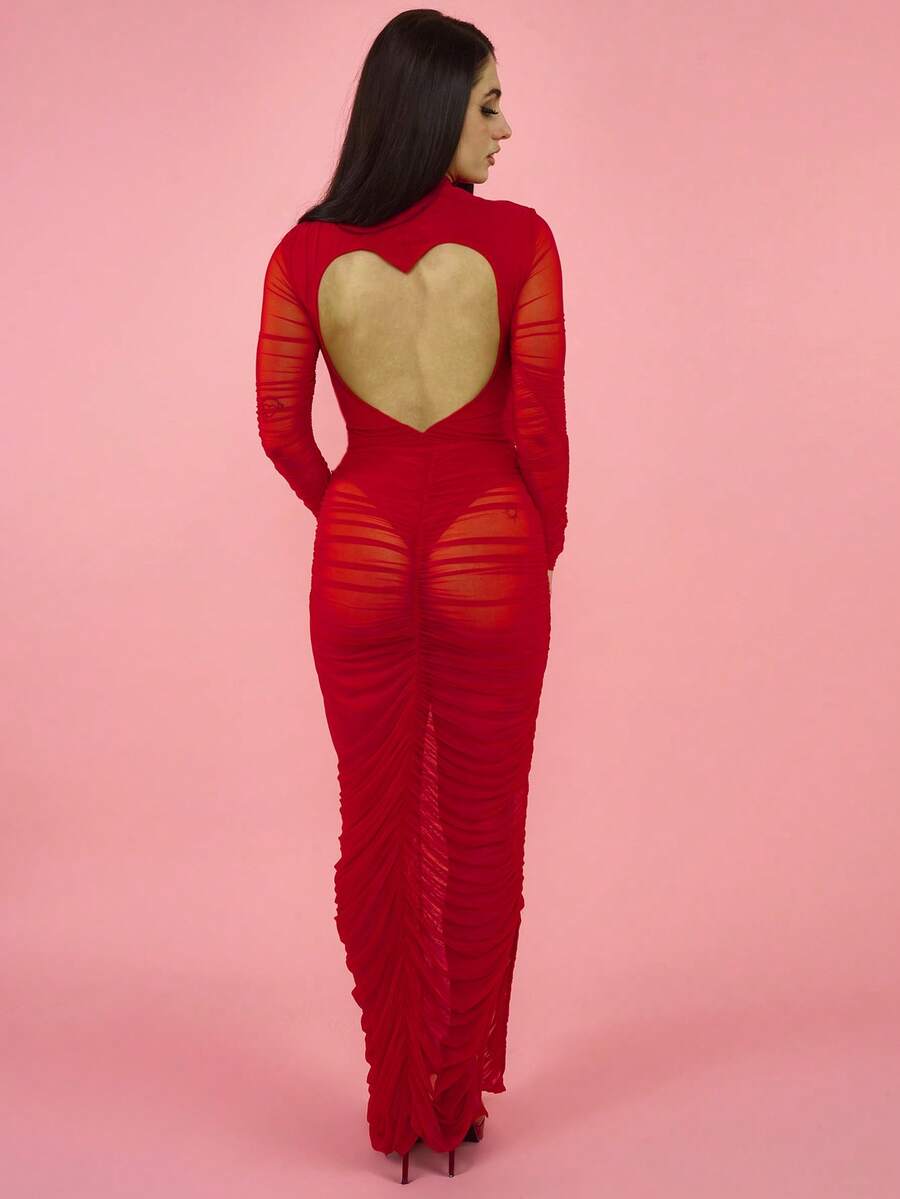 OverBlushhh Chân váy nữ màu đỏ lưới xuyên thấu co giãn, cạp cao, xếp ly, xẻ lưng, thích hợp cho tiệc tùng, hẹn hò, ngày Valentine, sinh nhật, lễ hội, mùa xuân, mùa hè. - Đỏ - Xem 1