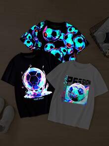 SHEIN 3pcs/Set Tween Boys' Casual Classic Cool Football Graphic Print Comfortable Short Sleeve T-Shirts, Suitable For Spring/Summer, Home, Outdoor, Matching Siblings - Multicolor - View 4