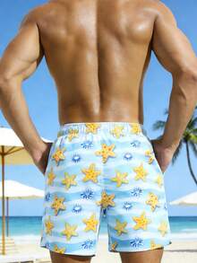 Manfinity Swimmode Men's Starfish All-Over Print Elastic Waist Drawstring Pocket Beach Shorts, Summer - Multicolor - View 2